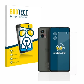 Parte frontale di una confezione del prodotto con il logo del marchio BROTECT. Accanto è raffigurato il dispositivo Motorola E