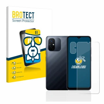 Parte frontale di una confezione del prodotto con il logo del marchio BROTECT. Accanto è raffigurato il dispositivo Xiaomi Red