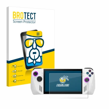 Parte frontale di una confezione del prodotto con il logo del marchio BROTECT. Accanto è raffigurato il dispositivo ASUS ROG A