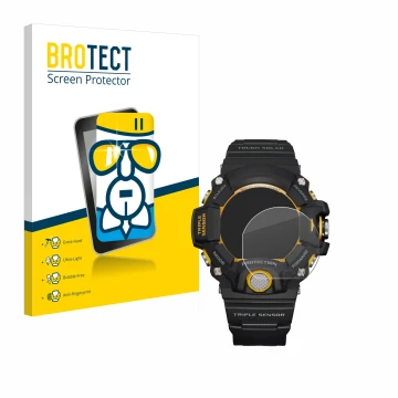 Parte frontale di una confezione del prodotto con il logo del marchio BROTECT. Accanto è raffigurato il dispositivo Casio G-Sh