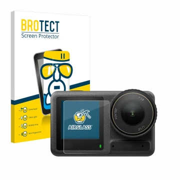 Parte frontale di una confezione del prodotto con il logo del marchio BROTECT. Accanto è raffigurato il dispositivo DJI Osmo A