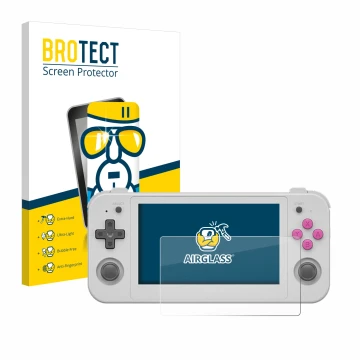 Parte frontale di una confezione del prodotto con il logo del marchio BROTECT. Accanto è raffigurato il dispositivo Anbernic R