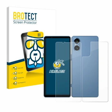 Parte frontale di una confezione del prodotto con il logo del marchio BROTECT. Accanto è raffigurato il dispositivo Sony Xperi