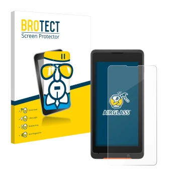 Parte frontale di una confezione del prodotto con il logo del marchio BROTECT. Accanto è raffigurato il dispositivo Sunmi P2 L