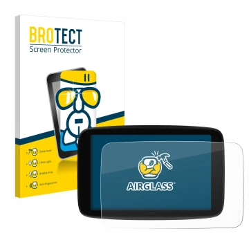 Parte frontale di una confezione del prodotto con il logo del marchio BROTECT. Accanto è raffigurato il dispositivo TomTom GO 