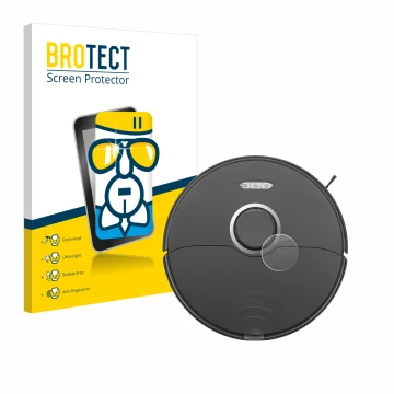 Parte frontale di una confezione del prodotto con il logo del marchio BROTECT. Accanto è raffigurato il dispositivo Roborock S