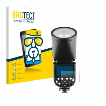 Parte frontale di una confezione del prodotto con il logo del marchio BROTECT. Accanto è raffigurato il dispositivo Godox V1 c