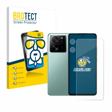 Parte frontale di una confezione del prodotto con il logo del marchio BROTECT. Accanto è raffigurato il dispositivo Xiaomi 13T