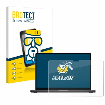 Parte frontale di una confezione del prodotto con il logo del marchio BROTECT. Accanto è raffigurato il dispositivo Apple MacB