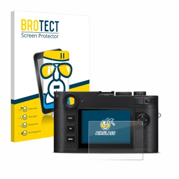 Parte frontale di una confezione del prodotto con il logo del marchio BROTECT. Accanto è raffigurato il dispositivo Leica M11-