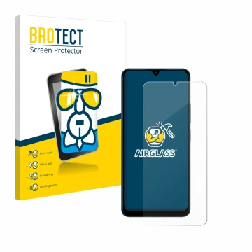 Parte frontale di una confezione del prodotto con il logo del marchio BROTECT. Accanto è raffigurato il dispositivo Xiaomi Red