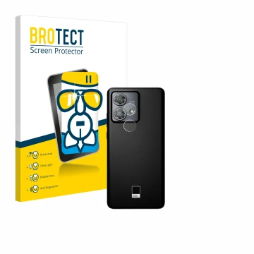Parte frontale di una confezione del prodotto con il logo del marchio BROTECT. Accanto è raffigurato il dispositivo Motorola E