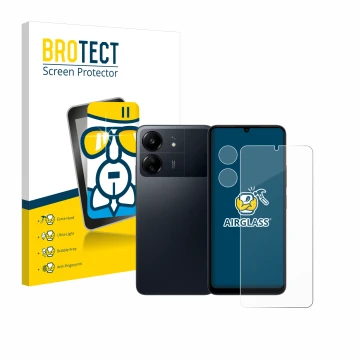 Parte frontale di una confezione del prodotto con il logo del marchio BROTECT. Accanto è raffigurato il dispositivo Xiaomi Poc