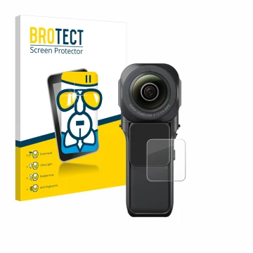 Parte frontale di una confezione del prodotto con il logo del marchio BROTECT. Accanto è raffigurato il dispositivo Insta360 O