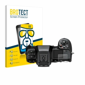Parte frontale di una confezione del prodotto con il logo del marchio BROTECT. Accanto è raffigurato il dispositivo Nikon Z 8 