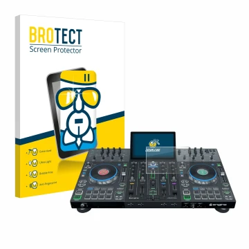 Parte frontale di una confezione del prodotto con il logo del marchio BROTECT. Accanto è raffigurato il dispositivo Denon DJ P