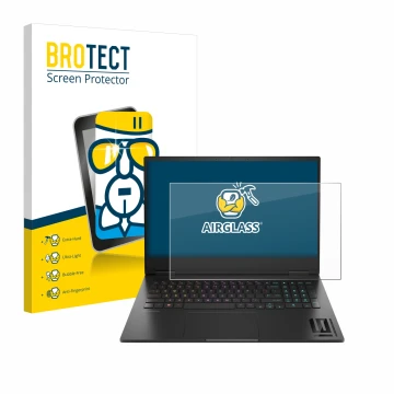 Parte frontale di una confezione del prodotto con il logo del marchio BROTECT. Accanto è raffigurato il dispositivo HP Omen 16