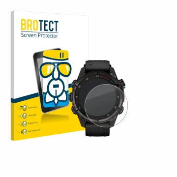 Parte frontale di una confezione del prodotto con il logo del marchio BROTECT. Accanto è raffigurato il dispositivo Garmin Des