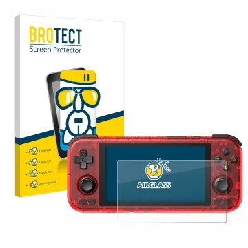 Parte frontale di una confezione del prodotto con il logo del marchio BROTECT. Accanto è raffigurato il dispositivo Retroid Po