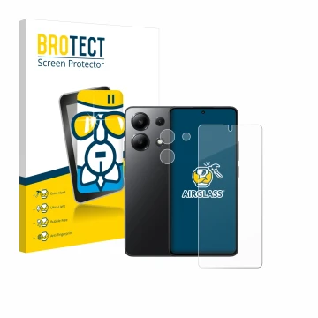 Parte frontale di una confezione del prodotto con il logo del marchio BROTECT. Accanto è raffigurato il dispositivo Xiaomi Red