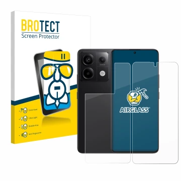 Parte frontale di una confezione del prodotto con il logo del marchio BROTECT. Accanto è raffigurato il dispositivo Xiaomi Red