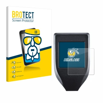 Parte frontale di una confezione del prodotto con il logo del marchio BROTECT. Accanto è raffigurato il dispositivo Trezor Mod