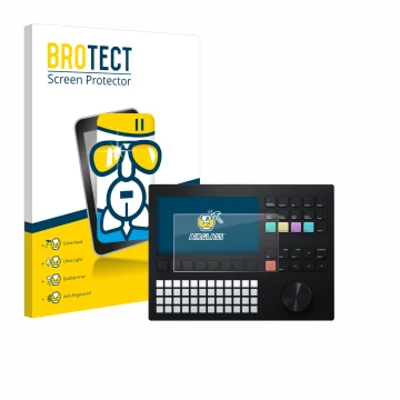 Parte frontale di una confezione del prodotto con il logo del marchio BROTECT. Accanto è raffigurato il dispositivo Polyend Tr