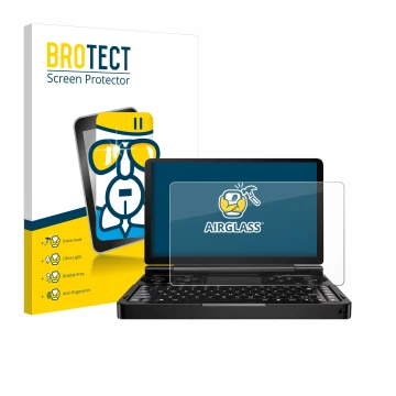 Parte frontale di una confezione del prodotto con il logo del marchio BROTECT. Accanto è raffigurato il dispositivo GPD Win Mi