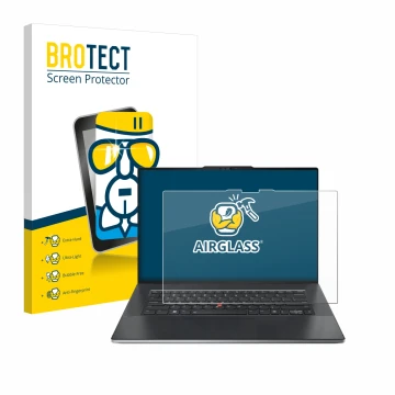 Parte frontale di una confezione del prodotto con il logo del marchio BROTECT. Accanto è raffigurato il dispositivo Lenovo Thi