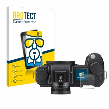 Parte frontale di una confezione del prodotto con il logo del marchio BROTECT. Accanto è raffigurato il dispositivo Leica SL3 