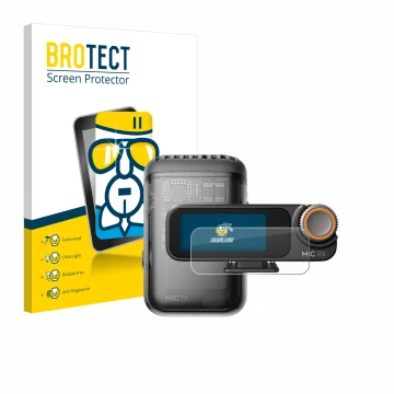 Parte frontale di una confezione del prodotto con il logo del marchio BROTECT. Accanto è raffigurato il dispositivo DJI Mic 2 