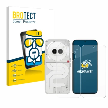 Parte frontale di una confezione del prodotto con il logo del marchio BROTECT. Accanto è raffigurato il dispositivo Nothing Ph