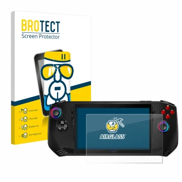 Parte frontale di una confezione del prodotto con il logo del marchio BROTECT. Accanto è raffigurato il dispositivo MSI Claw A