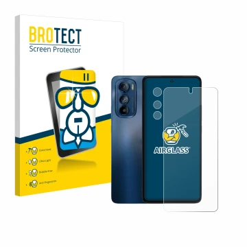 Parte frontale di una confezione del prodotto con il logo del marchio BROTECT. Accanto è raffigurato il dispositivo Motorola E