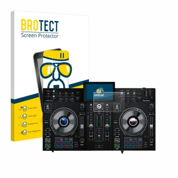 Parte frontale di una confezione del prodotto con il logo del marchio BROTECT. Accanto è raffigurato il dispositivo Denon DJ P