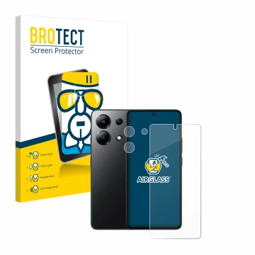 Parte frontale di una confezione del prodotto con il logo del marchio BROTECT. Accanto è raffigurato il dispositivo Xiaomi Red