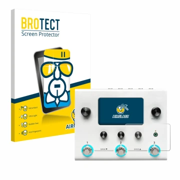 Parte frontale di una confezione del prodotto con il logo del marchio BROTECT. Accanto è raffigurato il dispositivo Hotone Amp