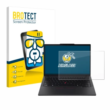 Parte frontale di una confezione del prodotto con il logo del marchio BROTECT. Accanto è raffigurato il dispositivo Lenovo Thi