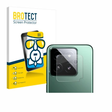 Parte frontale di una confezione del prodotto con il logo del marchio BROTECT. Accanto è raffigurato il dispositivo Xiaomi 14 