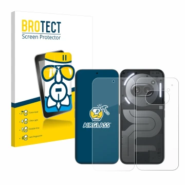 Parte frontale di una confezione del prodotto con il logo del marchio BROTECT. Accanto è raffigurato il dispositivo Nothing Ph