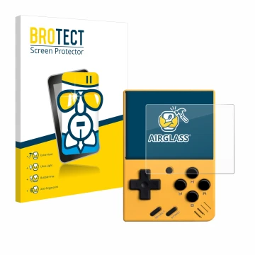 Parte frontale di una confezione del prodotto con il logo del marchio BROTECT. Accanto è raffigurato il dispositivo Miyoo Mini