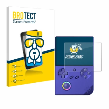 Parte frontale di una confezione del prodotto con il logo del marchio BROTECT. Accanto è raffigurato il dispositivo Anbernic R