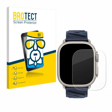 Parte frontale di una confezione del prodotto con il logo del marchio BROTECT. Accanto è raffigurato il dispositivo Apple Watc