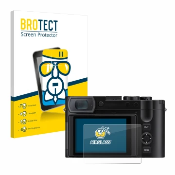 Parte frontale di una confezione del prodotto con il logo del marchio BROTECT. Accanto è raffigurato il dispositivo Leica Q3 4