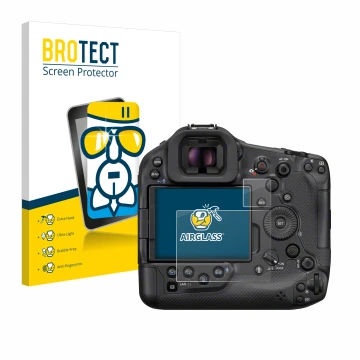 Parte frontale di una confezione del prodotto con il logo del marchio BROTECT. Accanto è raffigurato il dispositivo Canon EOS 