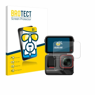 Parte frontale di una confezione del prodotto con il logo del marchio BROTECT. Accanto è raffigurato il dispositivo Insta360 A