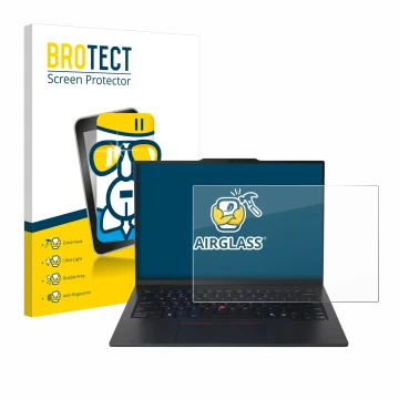 Parte frontale di una confezione del prodotto con il logo del marchio BROTECT. Accanto è raffigurato il dispositivo Lenovo Thi