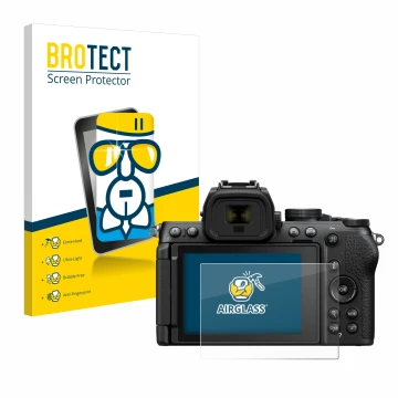 Parte frontale di una confezione del prodotto con il logo del marchio BROTECT. Accanto è raffigurato il dispositivo Nikon Z50 
