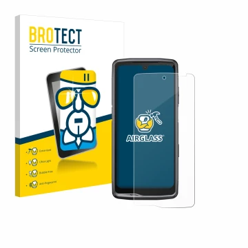 Parte frontale di una confezione del prodotto con il logo del marchio BROTECT. Accanto è raffigurato il dispositivo Crosscall 