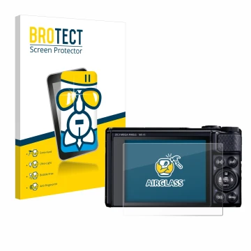 Parte frontale di una confezione del prodotto con il logo del marchio BROTECT. Accanto è raffigurato il dispositivo Canon Powe